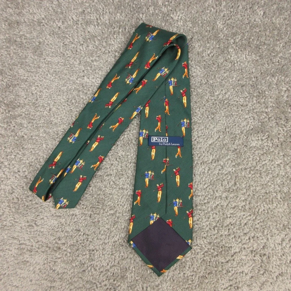 Vintage Polo Ralph Lauren Tie Mens Green Golfer Printed Silk Made In USA Novelty